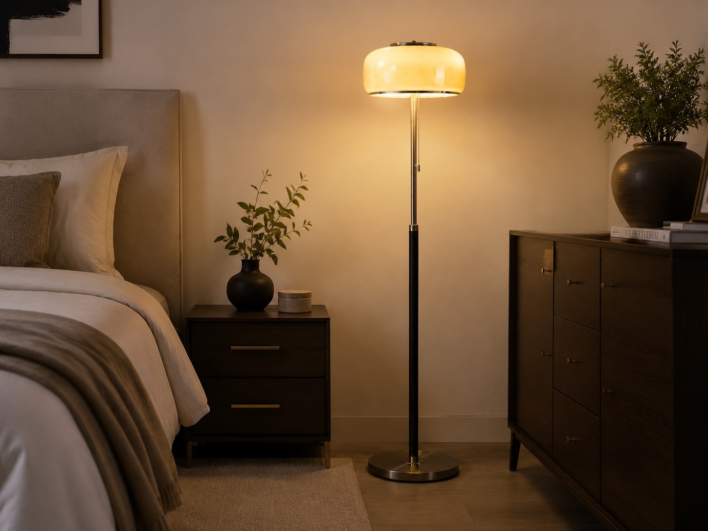 Bauhaus floor lamp placed beside a bed in a calm bedroom