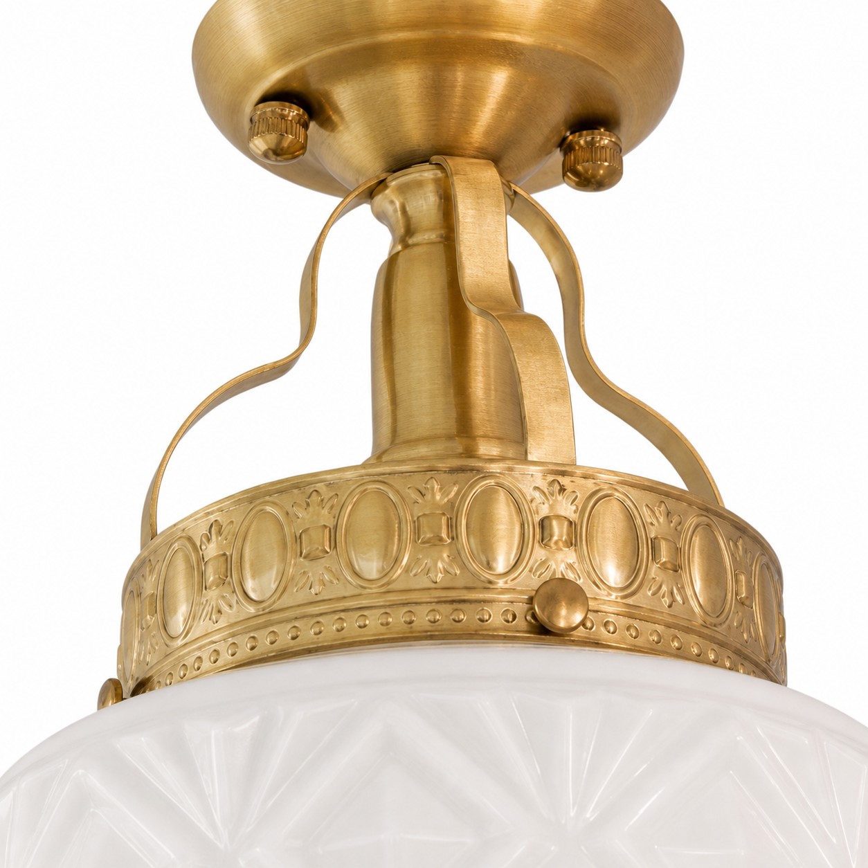 Brass-Finish Canopy detail on embossed glass ceiling light