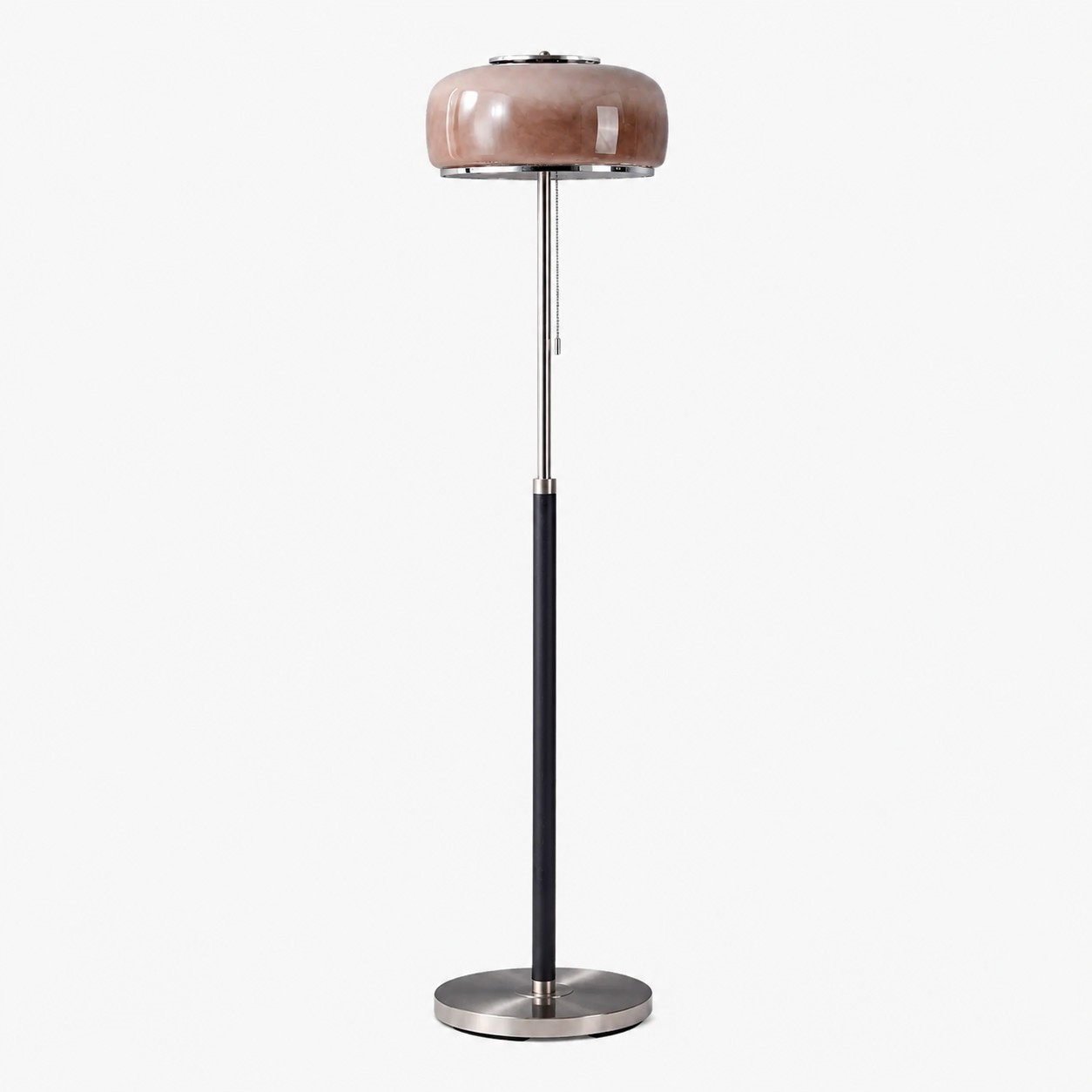 Smoky taupe Bauhaus floor lamp with chrome and black base, shown unlit