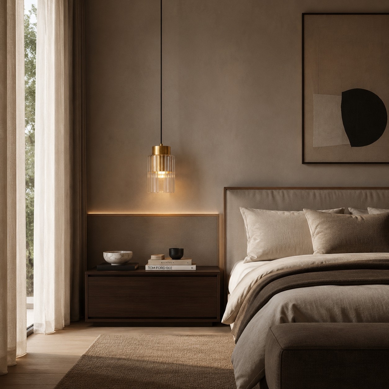 Brass glass pendant light beside a bedroom nightstand