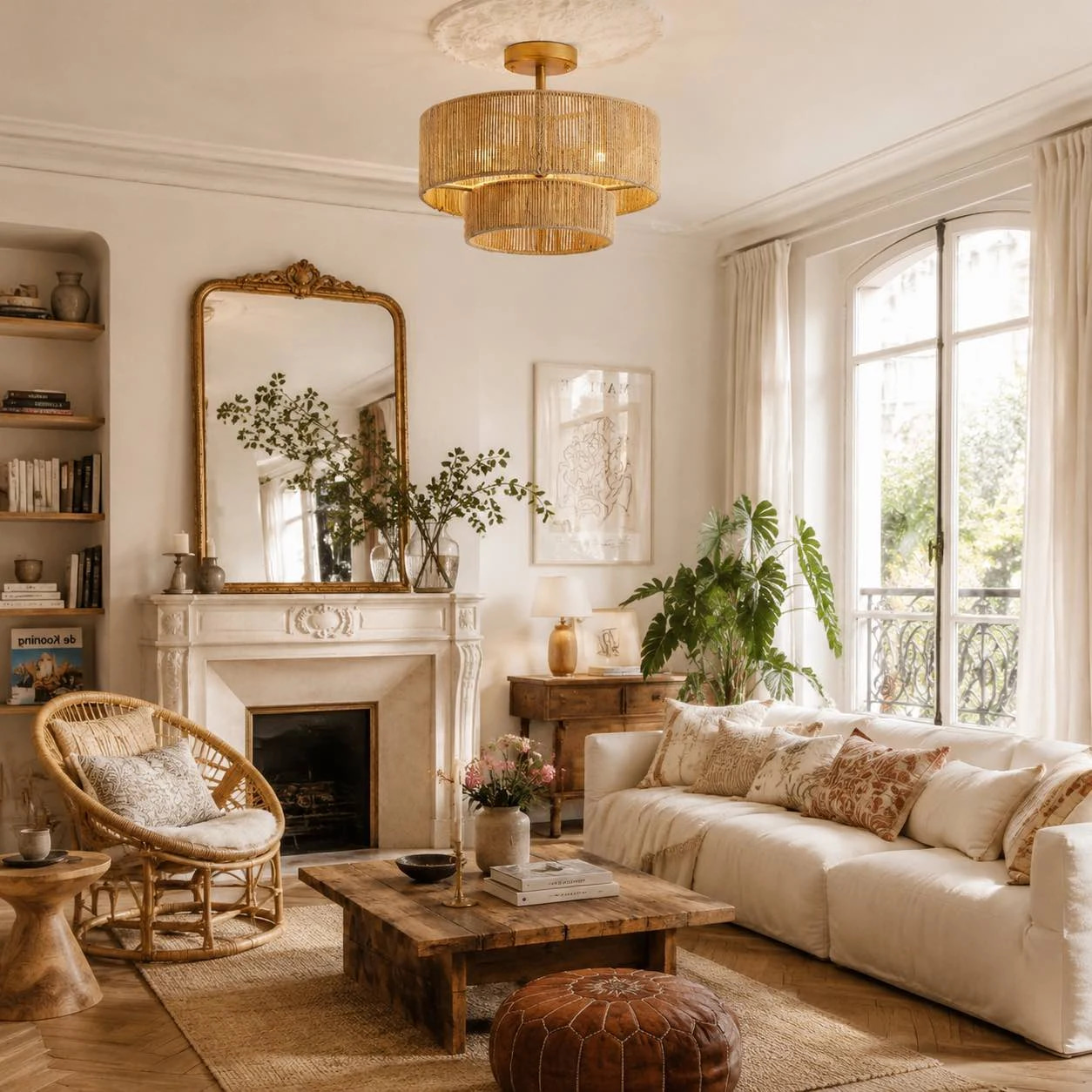 Tiered Rattan Semi-Flush Ceiling Light