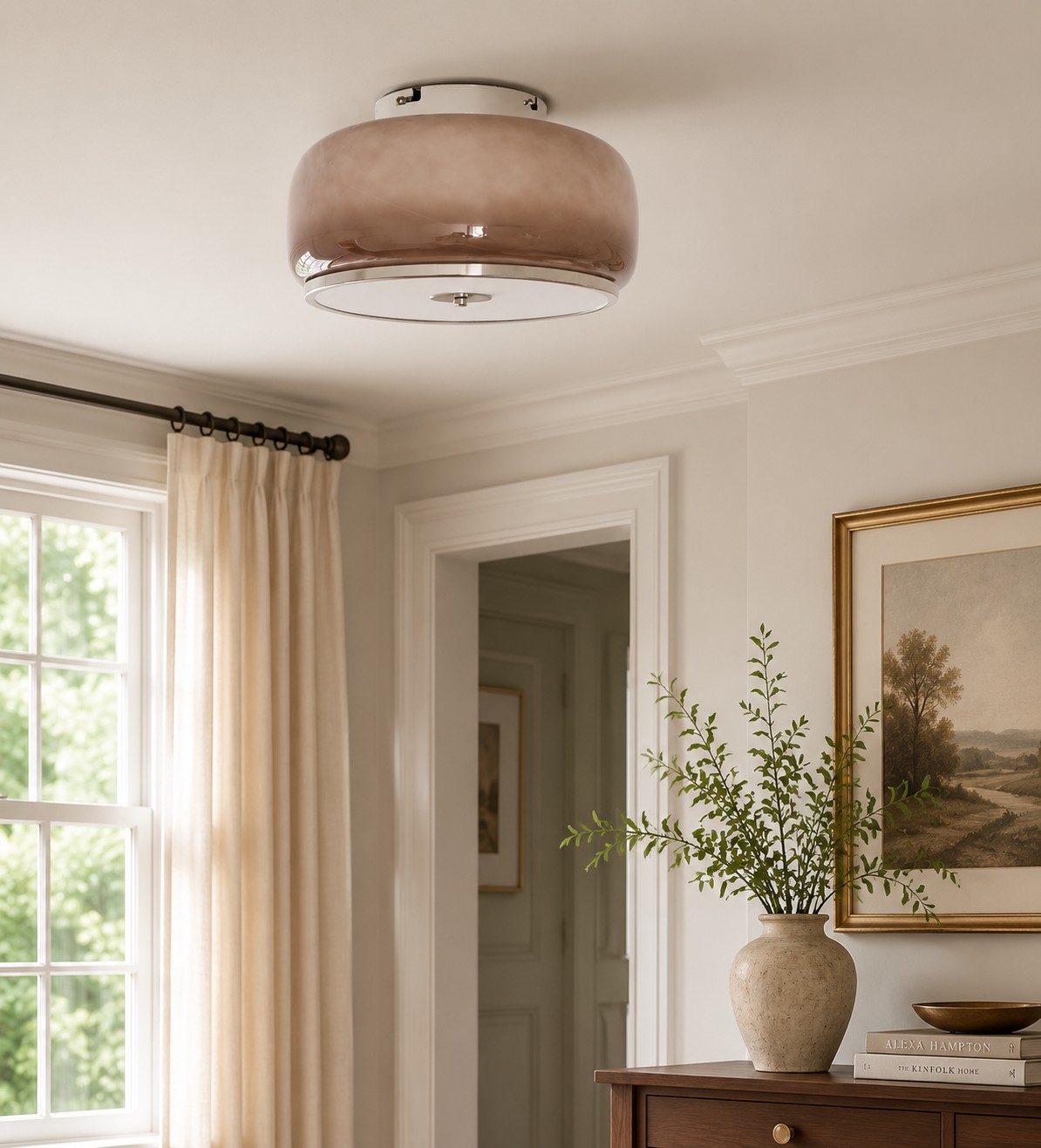 Amber glass ceiling light installed in a refined daylight interior