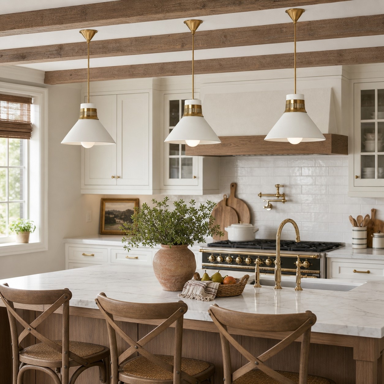 Calvor single pendants installed in a kitchen with wood beams