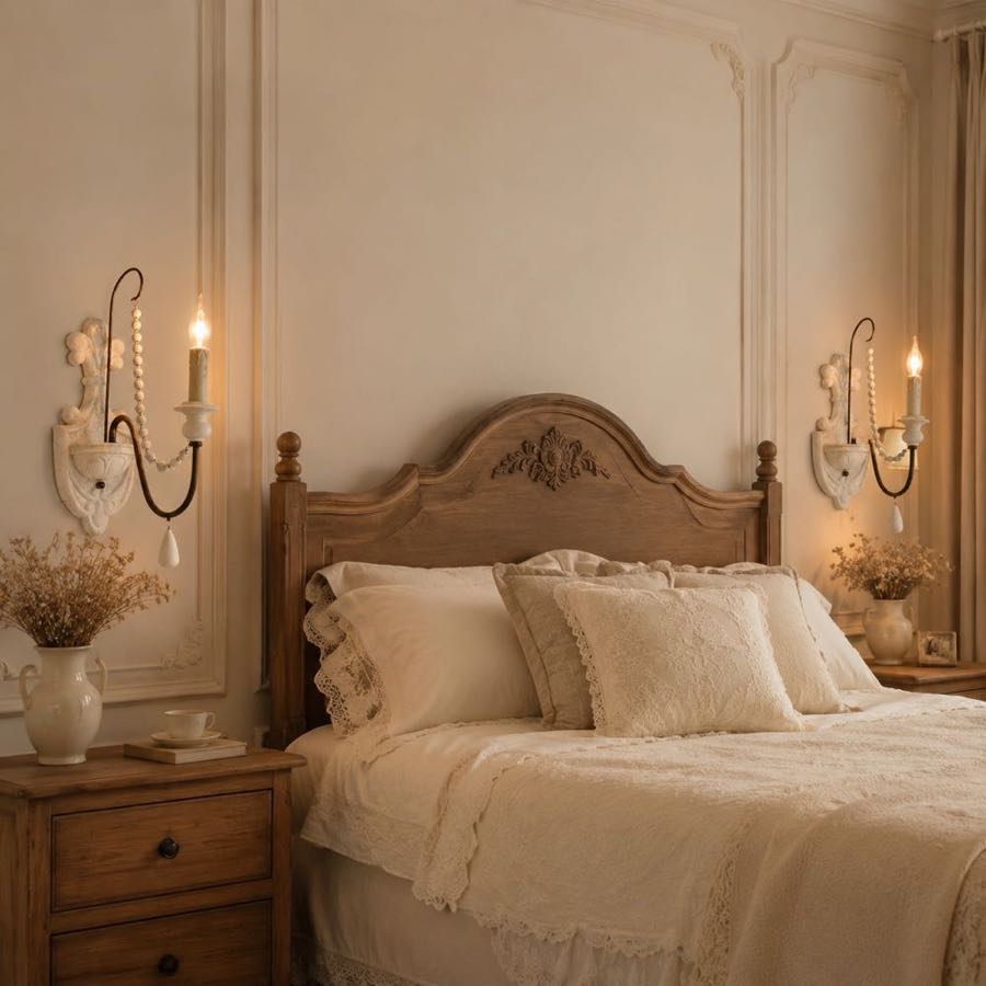 One-light wall sconces installed beside a bedroom headboard