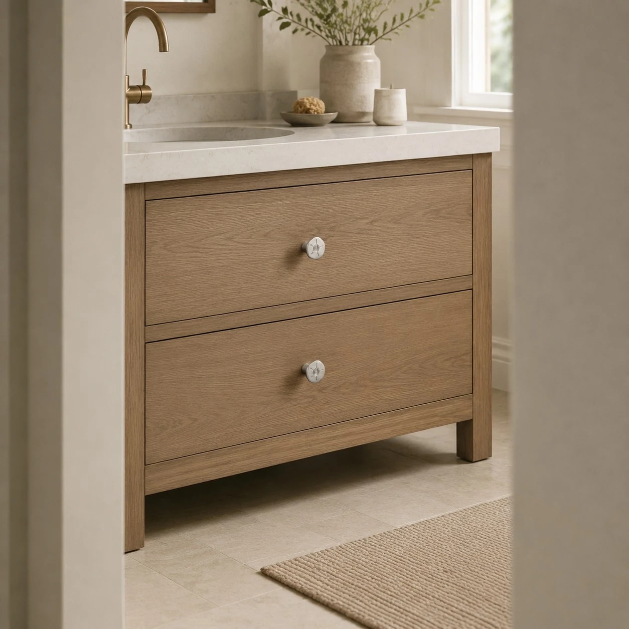 Titanium silver knobs installed on a natural wood vanity