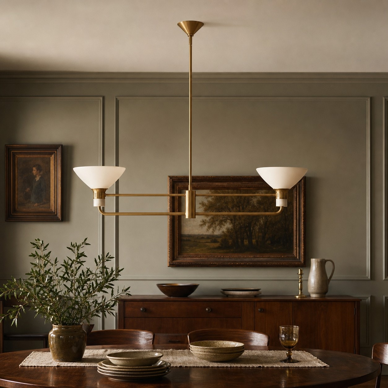 Calvor two head linear pendant above a warm dining room table