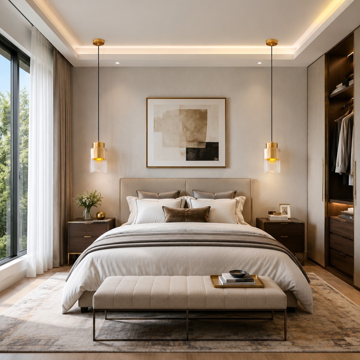 Pair of brass glass pendant lights in a modern bedroom