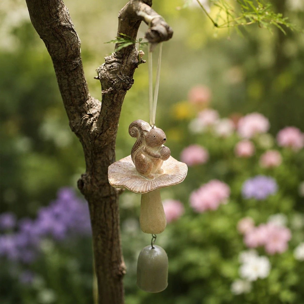 Eichhörnchen-Windspiel hängt in einer Gartenlandschaft