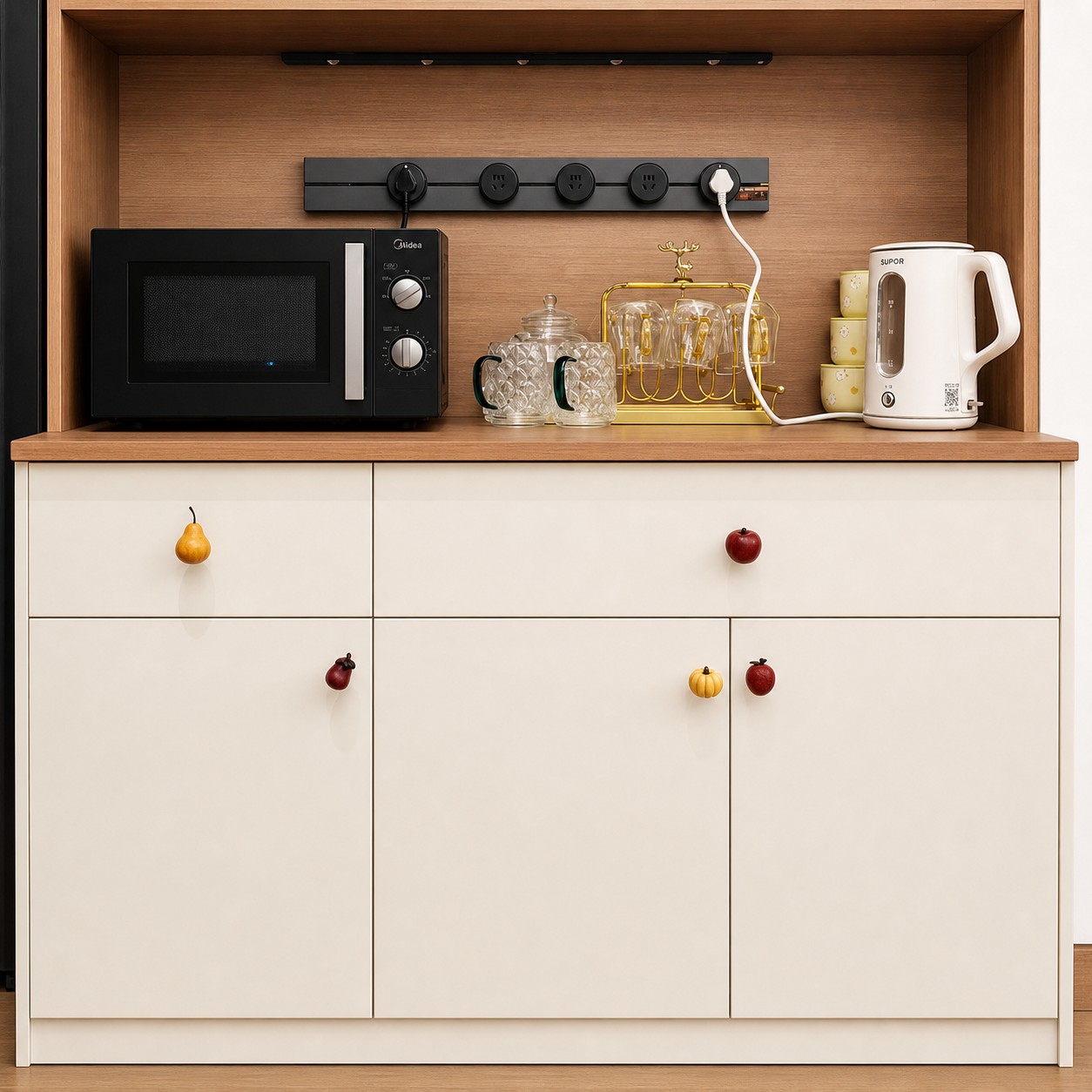 Fruit-shaped wooden knobs used across a kitchen cabinet