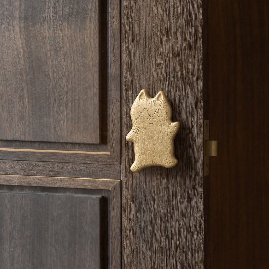 Brass animal cabinet knob installed on a dark wood cabinet door