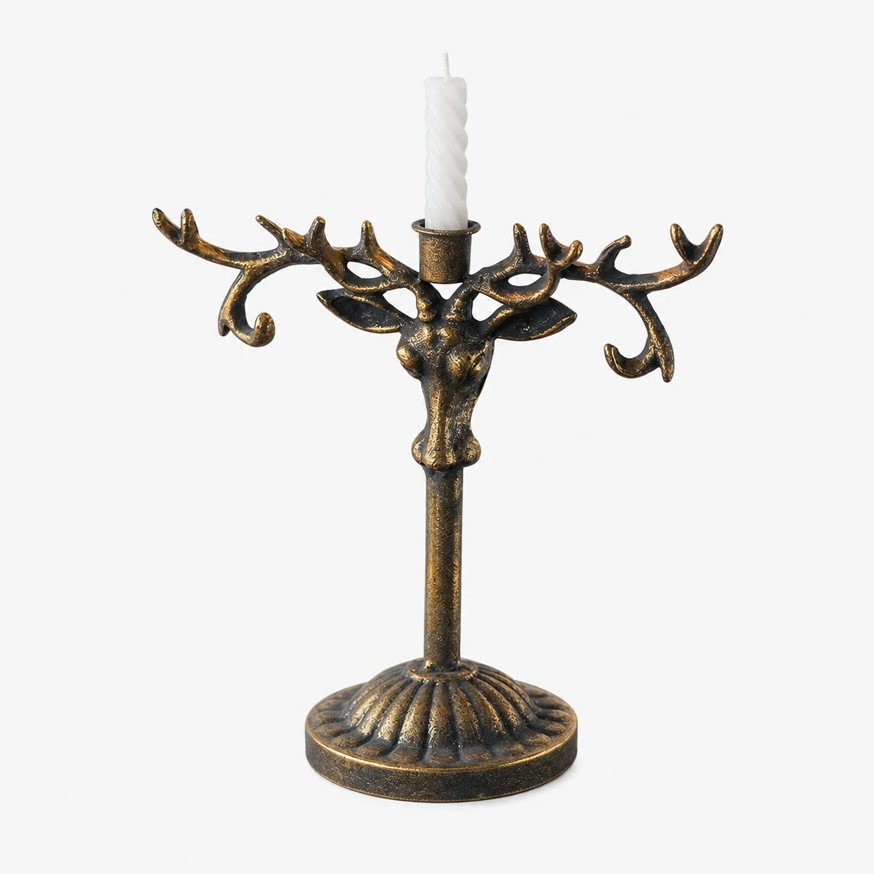 Large antique bronze deer head iron candle holder