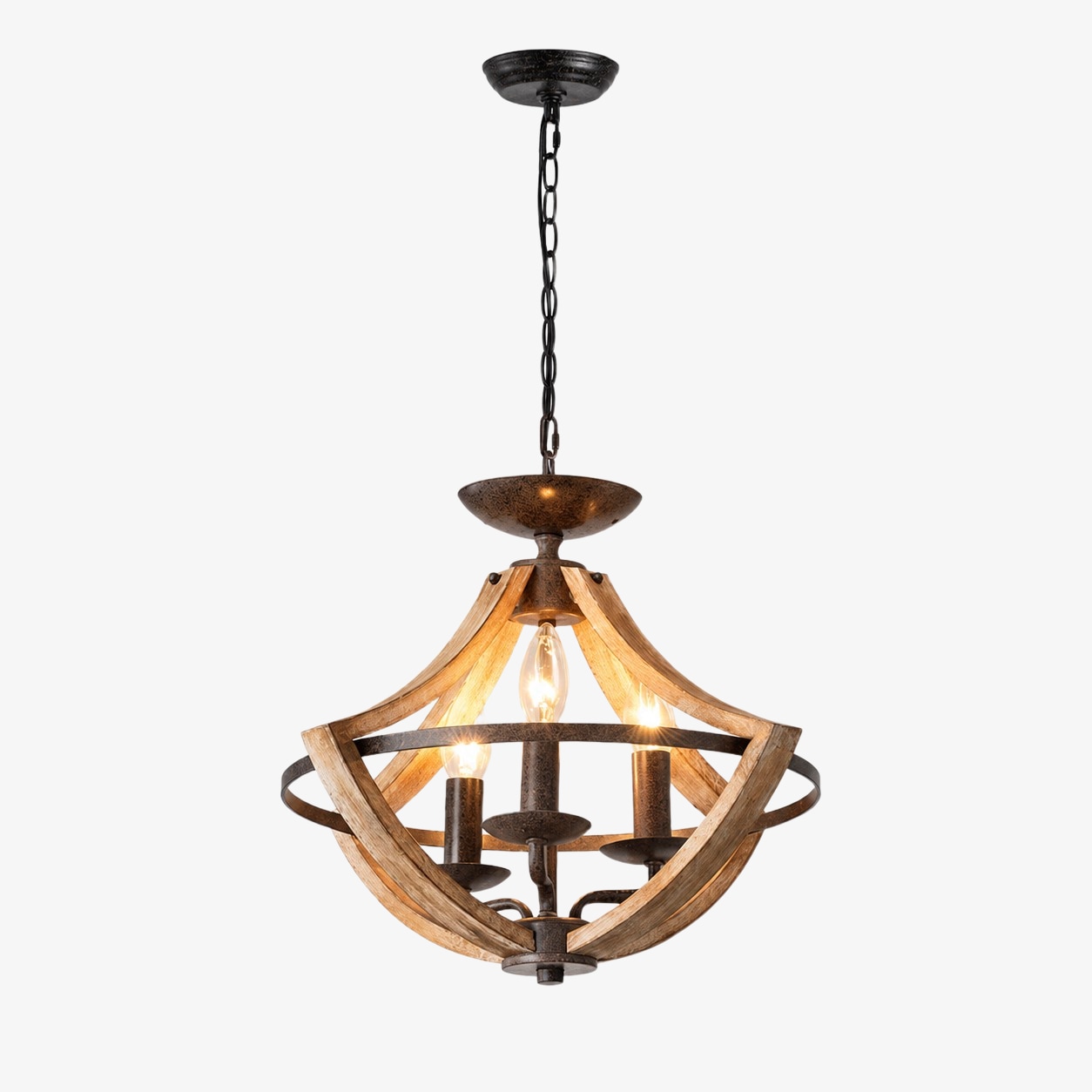 Rustic Distressed Wood and Rust-Finished 3-Light Pendant Chandelier