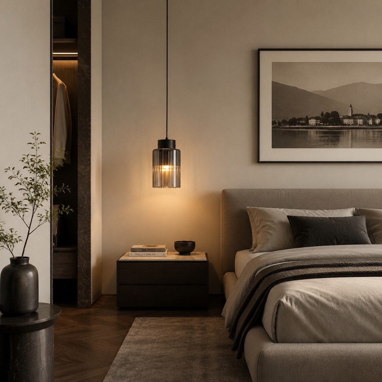Black ribbed glass pendant light in a bedroom setting
