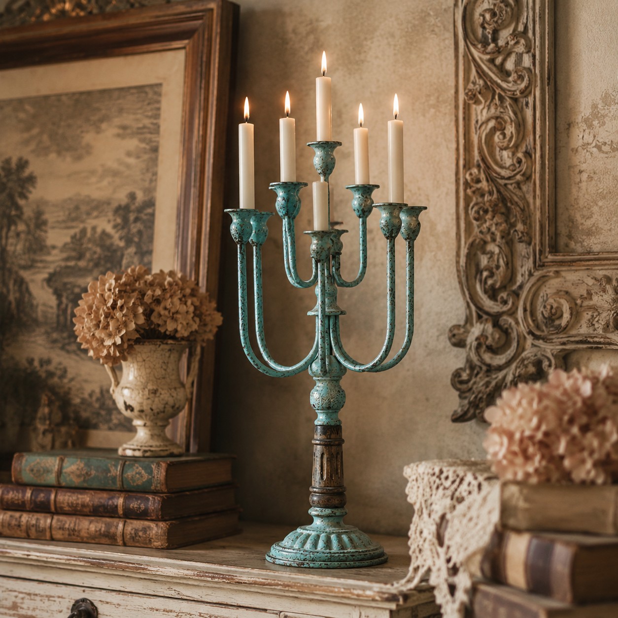 Branch candelabra styled on a vintage mantel