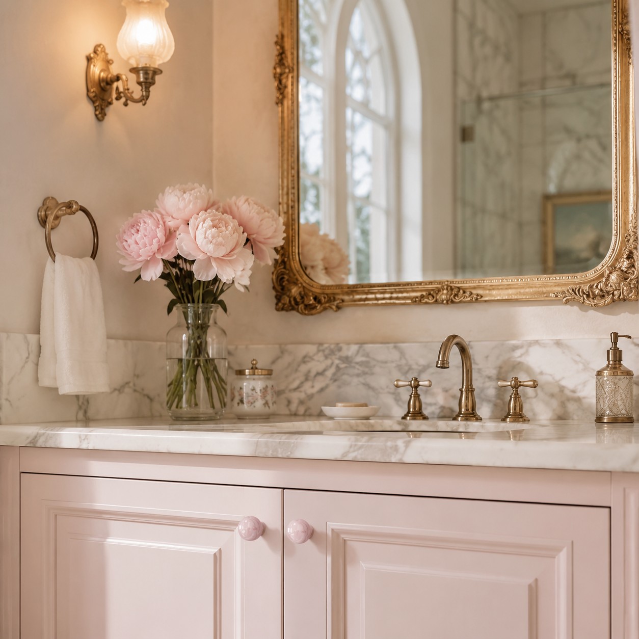 Blush pink cabinet knobs in a bathroom setting