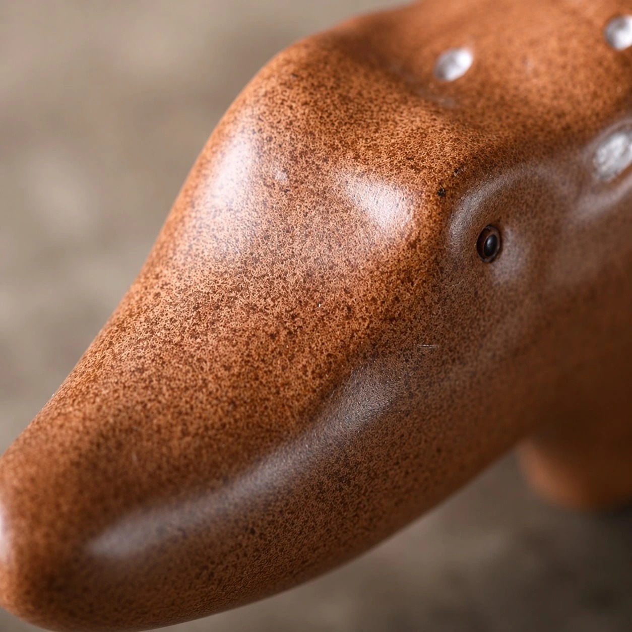 Close view of the anteater sculpture's face and surface texture