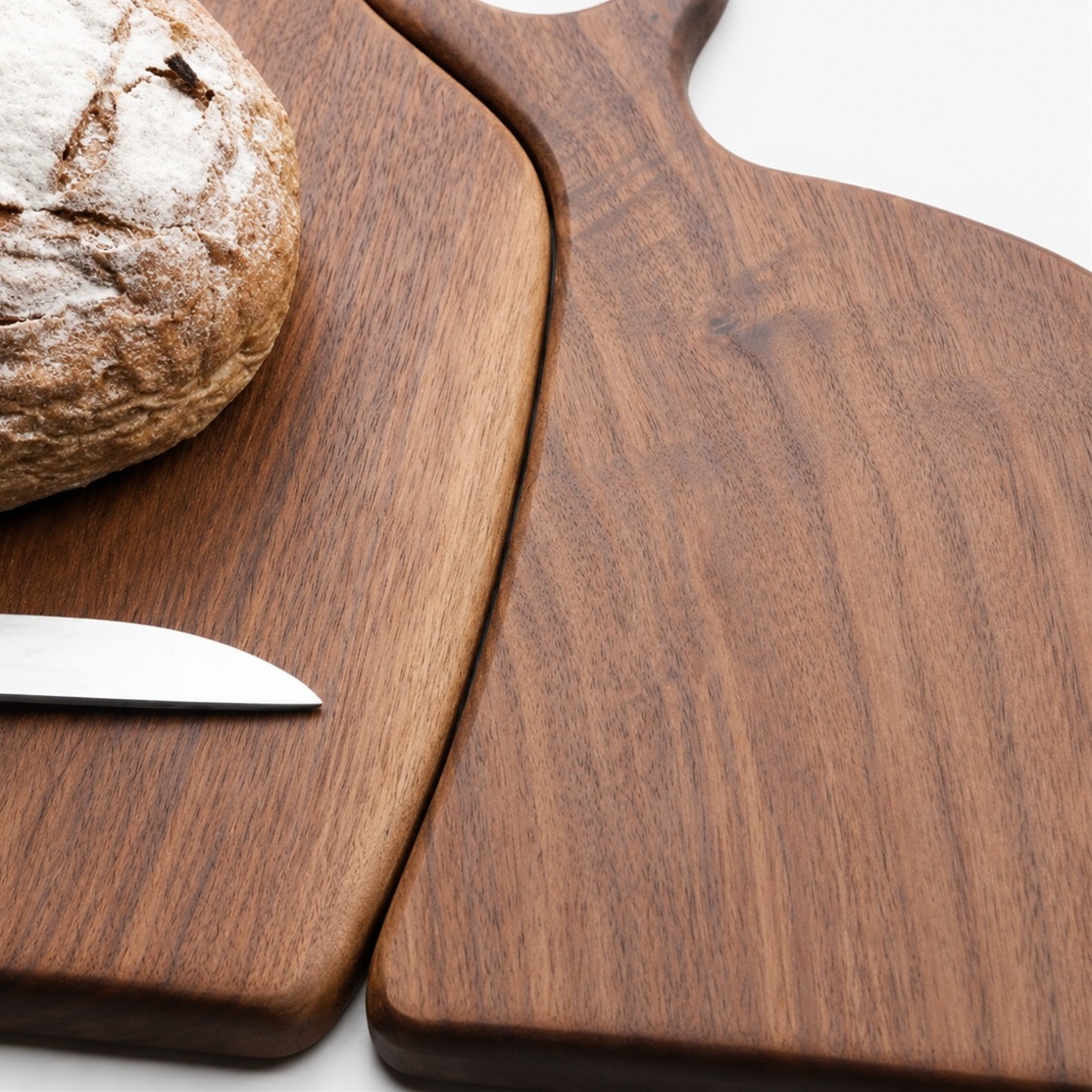 Serving surface detail on paired black walnut boards