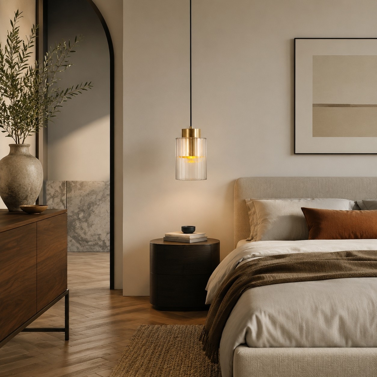 Brass ribbed glass pendant light in a warm bedroom setting
