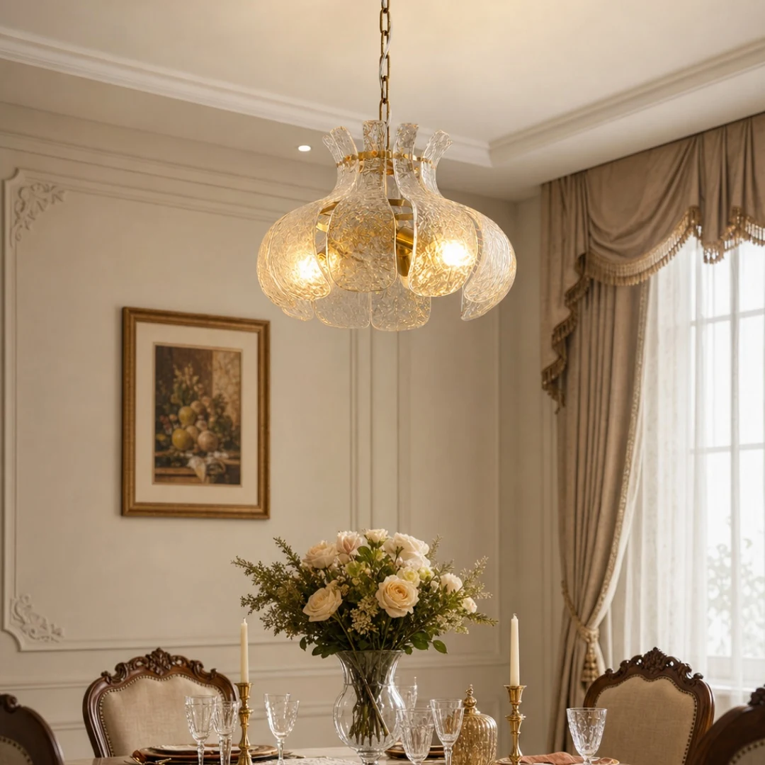 Solid brass clear glass chandelier above a dining table