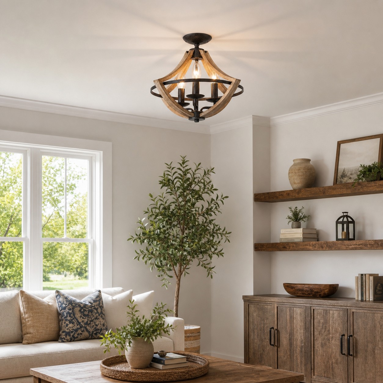 Rustic Distressed Wood 3-Light Flush Mount Ceiling Light scene 1