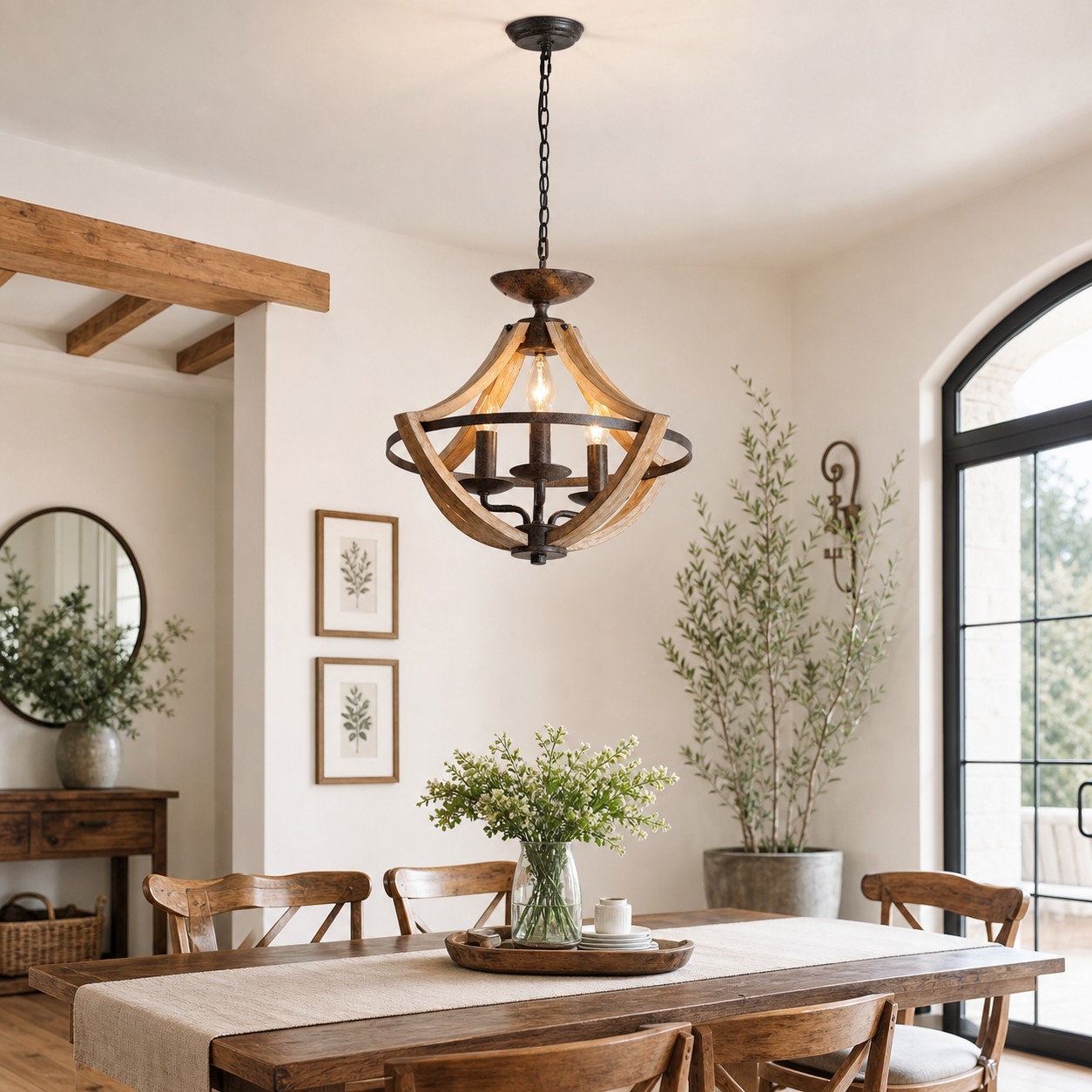Rustic Distressed Wood and Rust-Finished 3-Light Pendant Chandelier