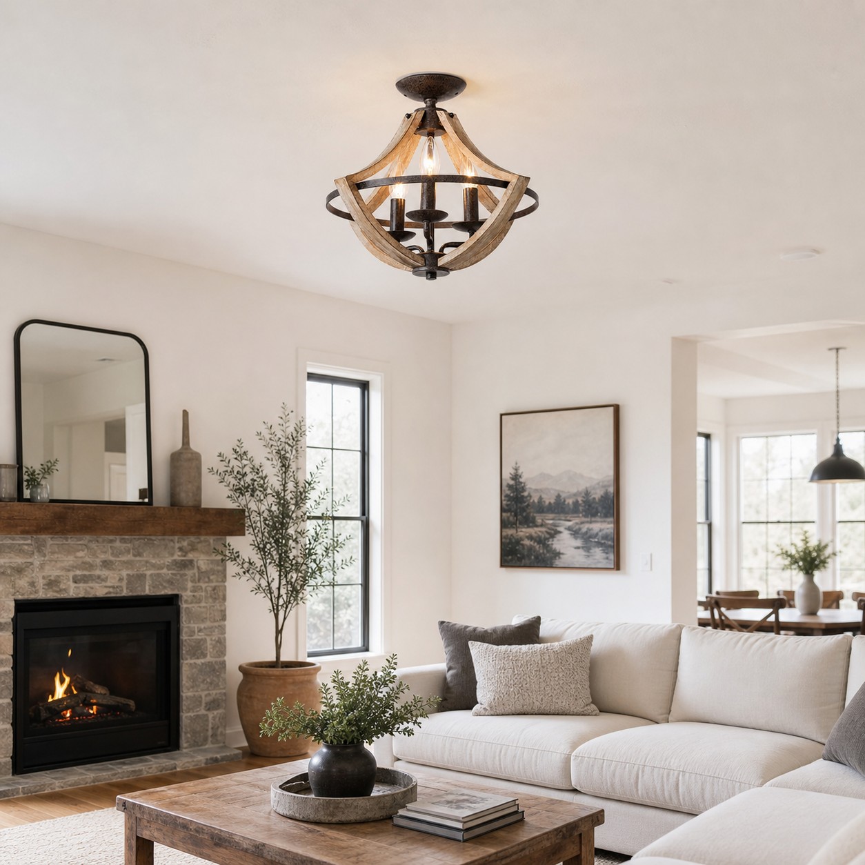 Rustic Distressed Wood 3-Light Flush Mount Ceiling Light scene 2