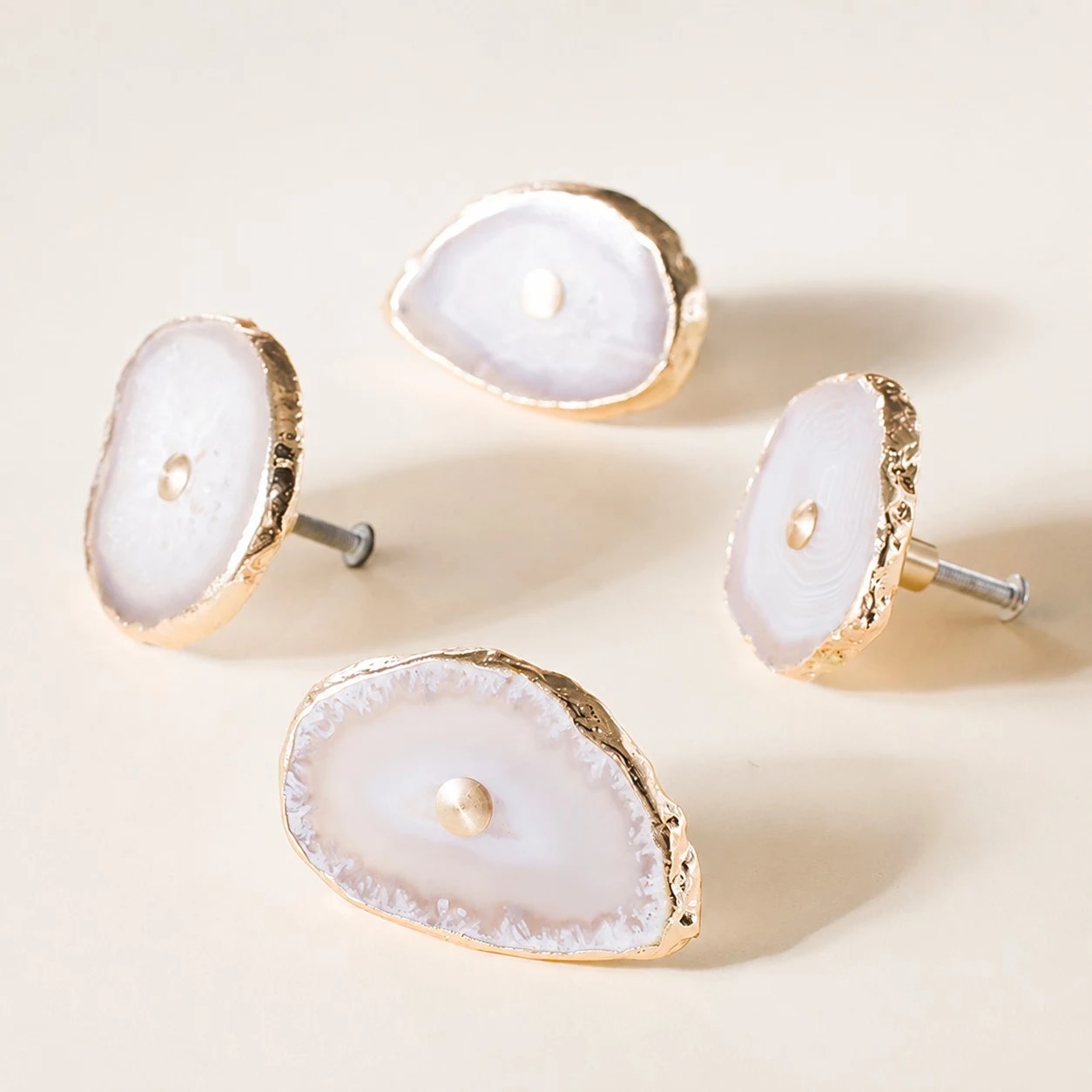 Natural agate brass cabinet pulls in assorted organic shapes
