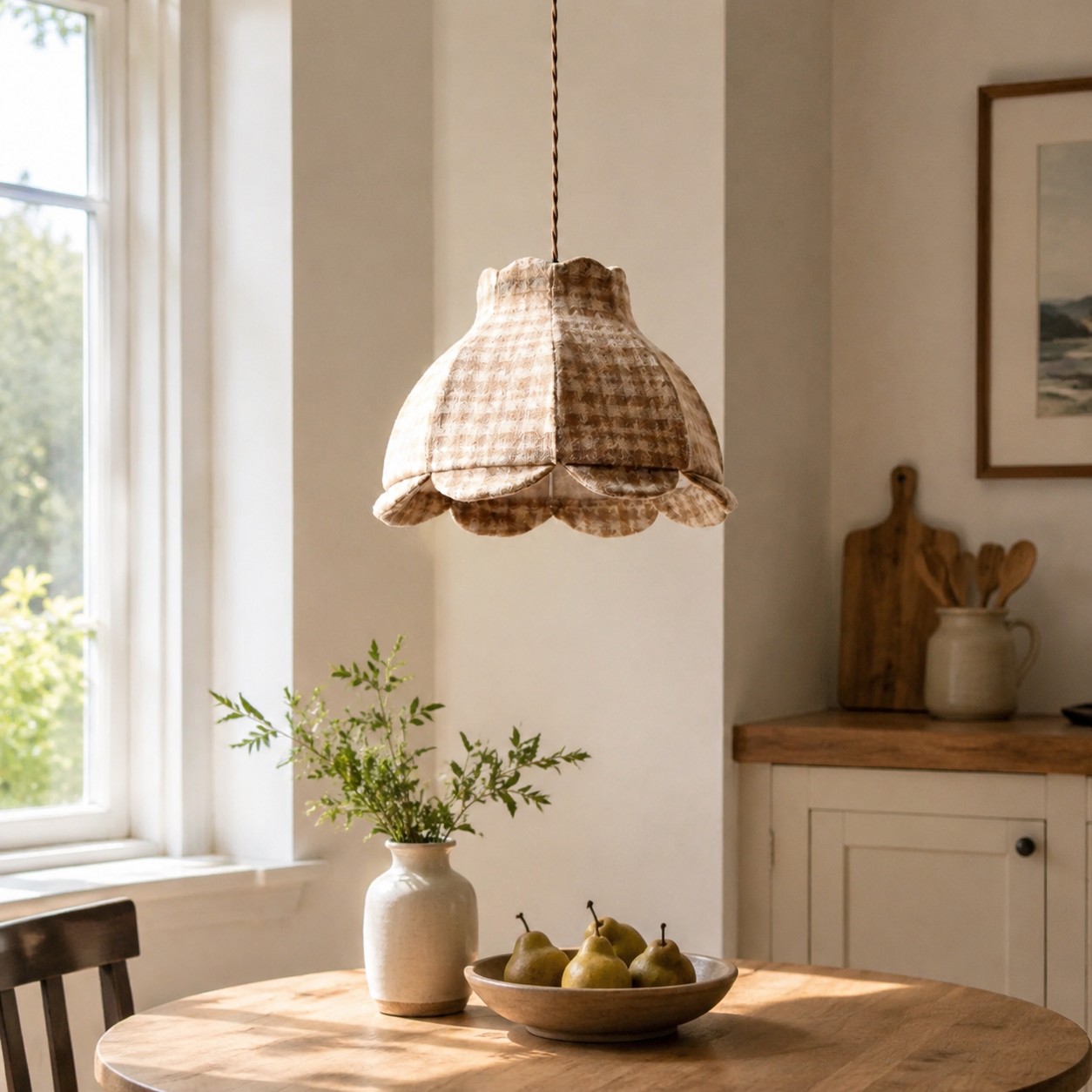 Lampada a sospensione in tessuto scozzese installata sopra un'accogliente zona pranzo.