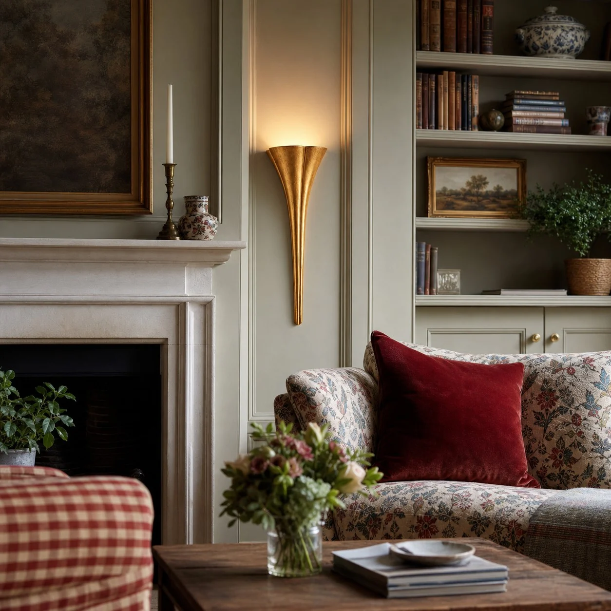 Brass trumpet wall sconce styled beside a fireplace and shelving