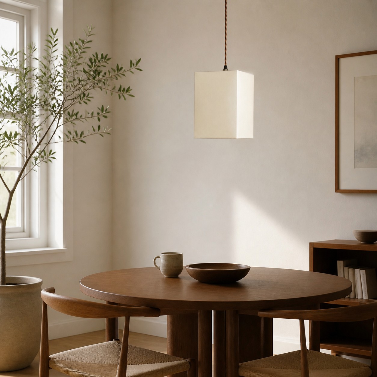 Lámpara colgante cuadrada de tela instalada junto a una mesa de comedor.