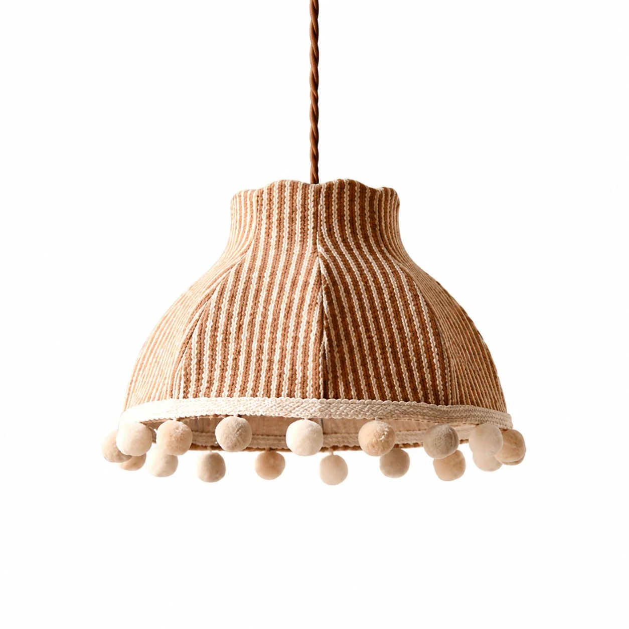 Lampada a sospensione in tessuto color crema con pompon