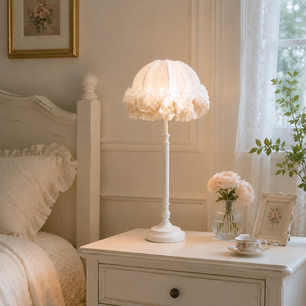Lampe de table blanche à volants éclairée sur une table de chevet dans une chambre lumineuse