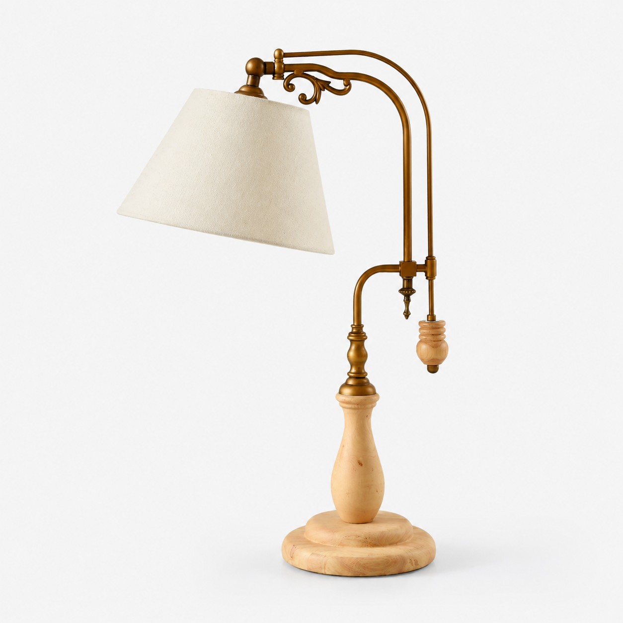 Beige fabric vintage wood and brass-tone table lamp