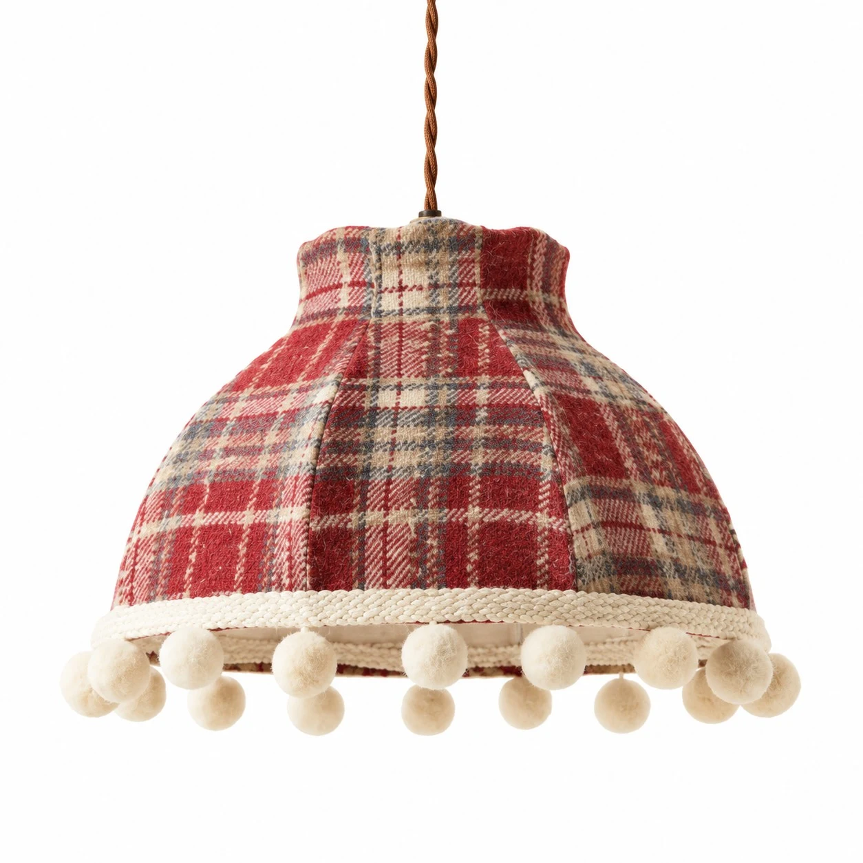 Lampada a sospensione in tessuto color crema con pompon