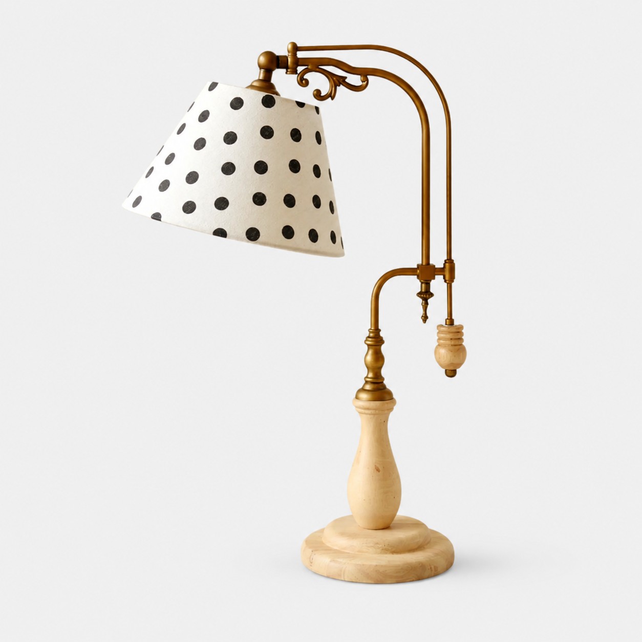 Black polka dot fabric vintage wood and brass-tone table lamp