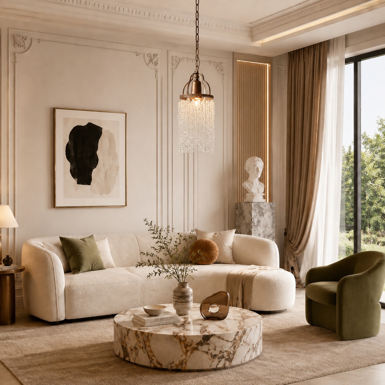 Vintage crystal fringe pendant chandelier in an elegant living room