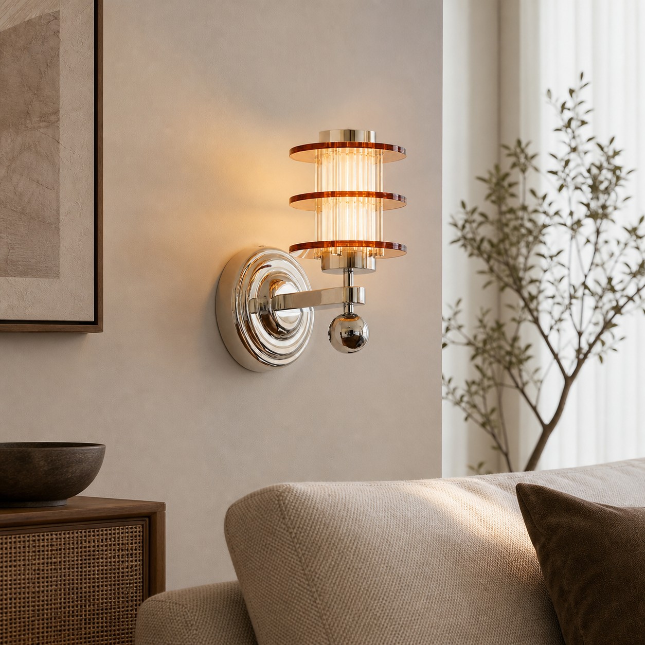 Bauhaus LED wall sconce installed beside a sofa