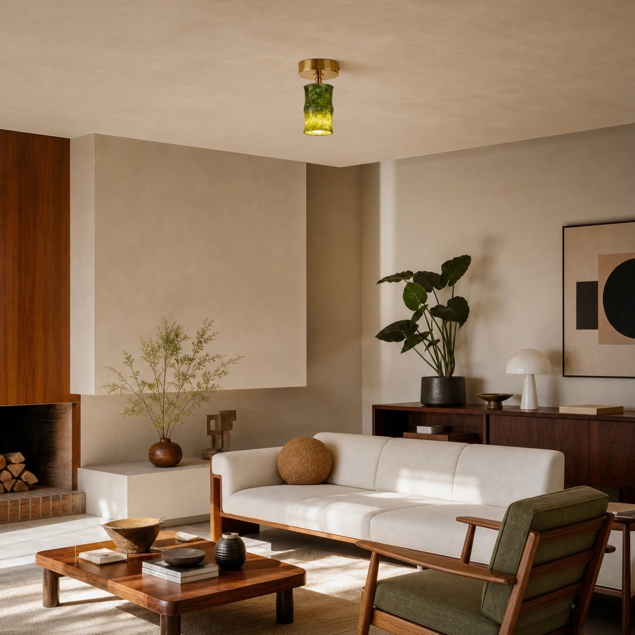 Piccola lampada da soffitto in giada installata in un accogliente salotto.