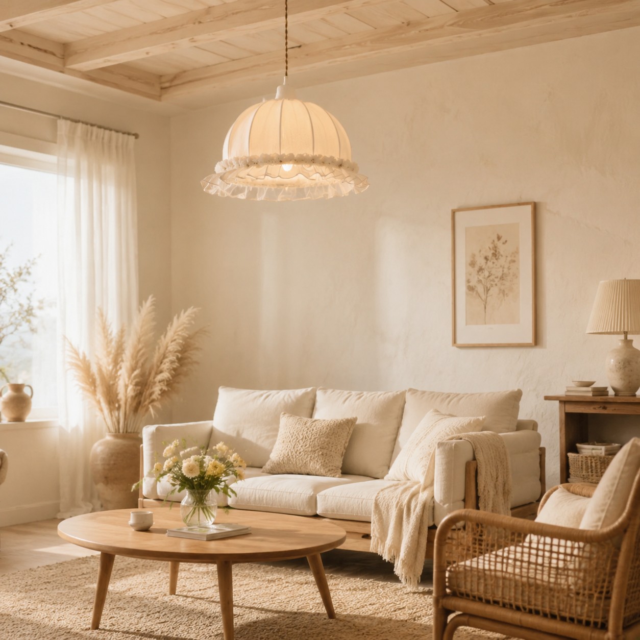 Pure white lace pendant lamp in a warm neutral living room