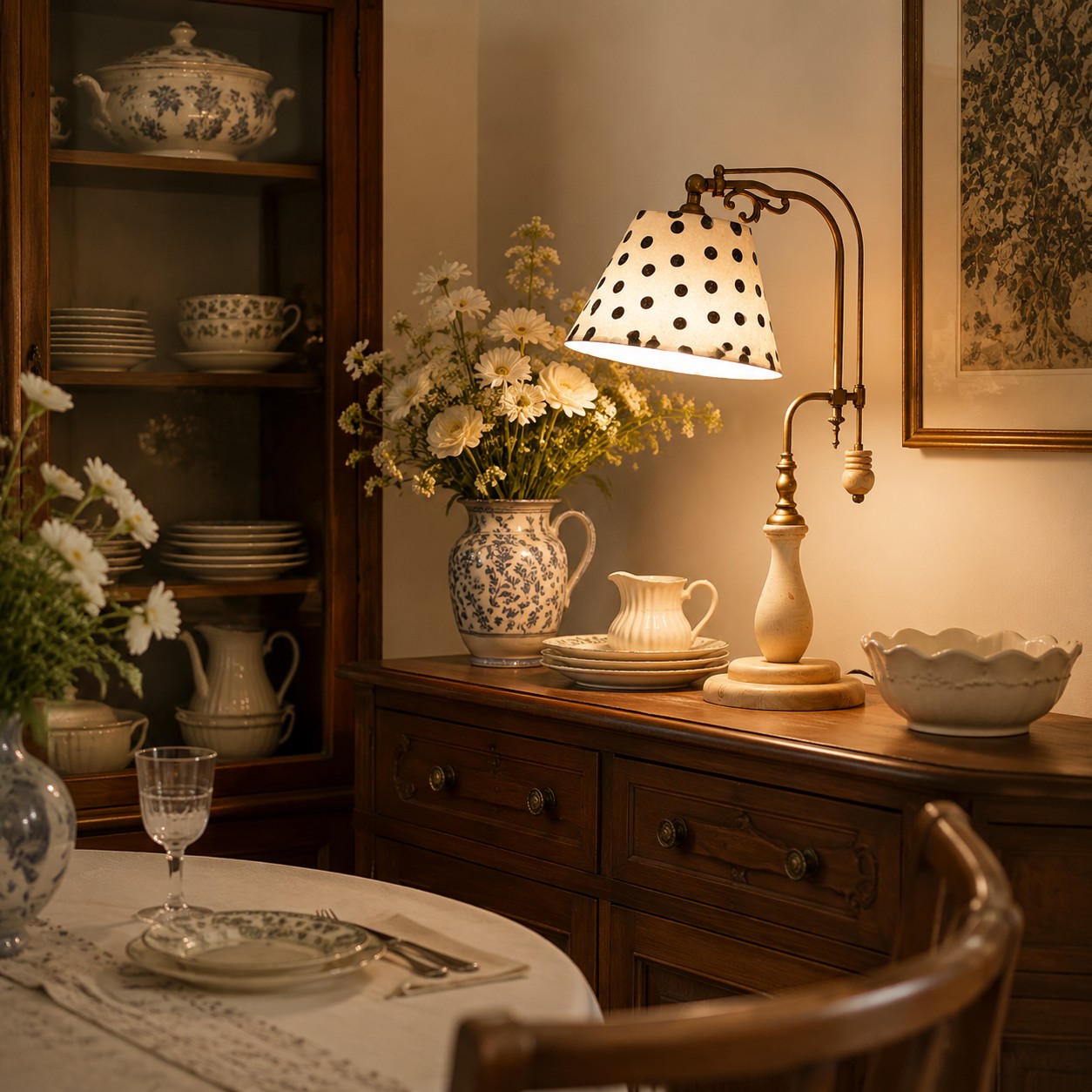 Polka dot fabric table lamp styled on a vintage wood cabinet