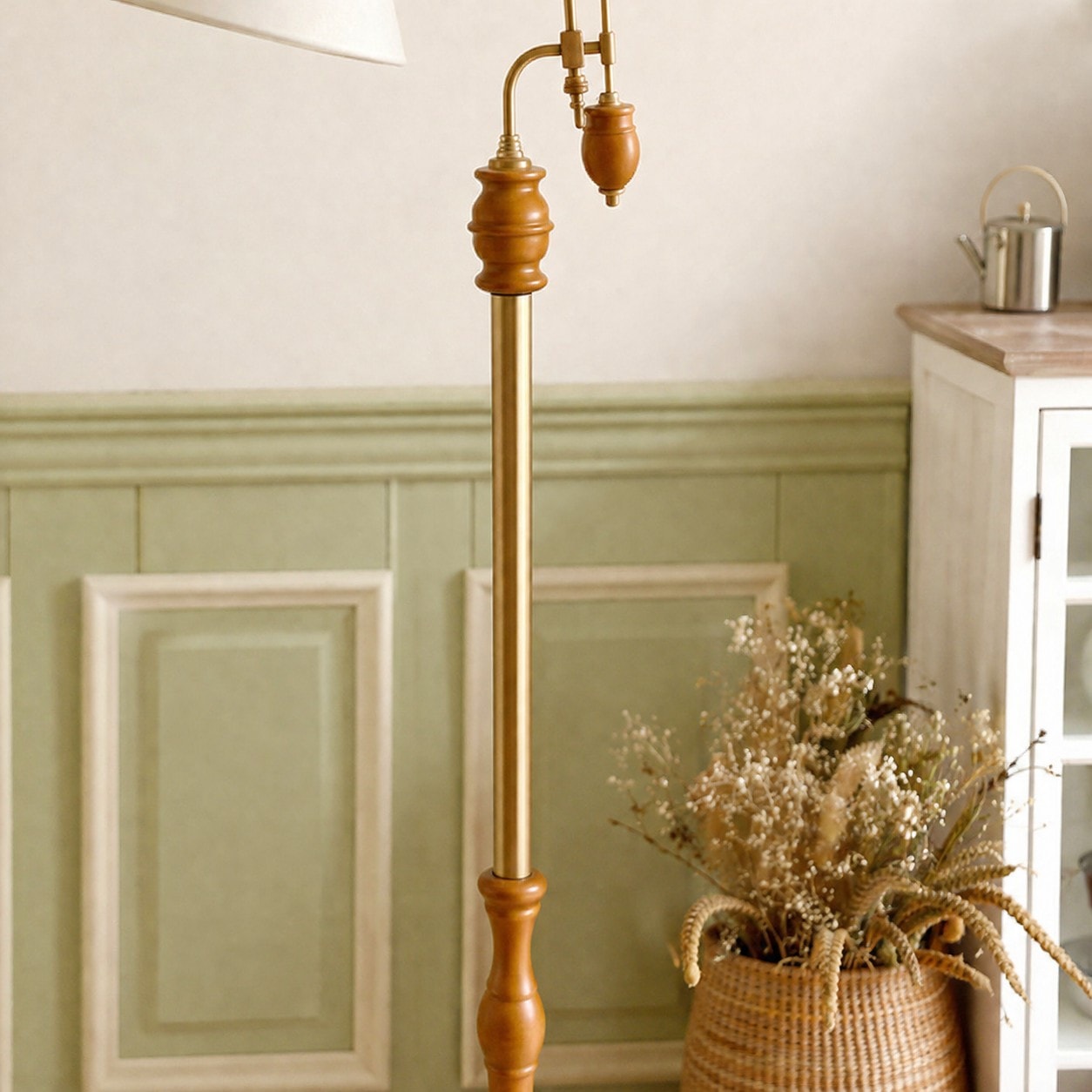 Ivory wood and fabric floor lamp full product view