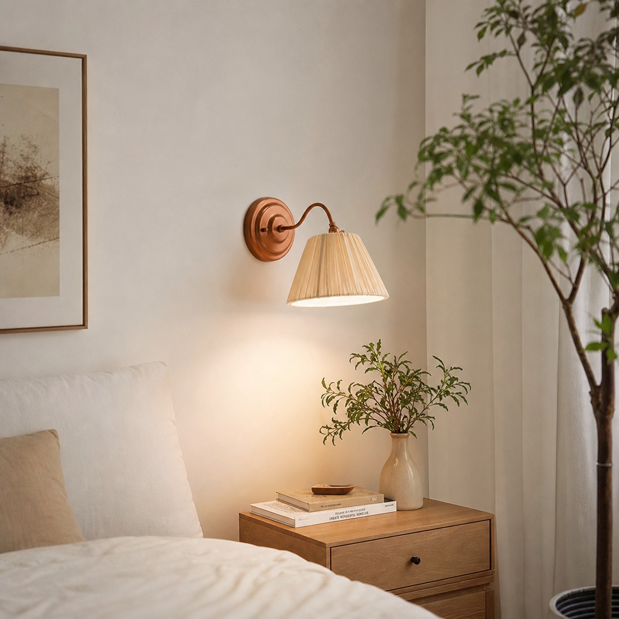 A softer wall light for layered bedroom and hallway spaces.
