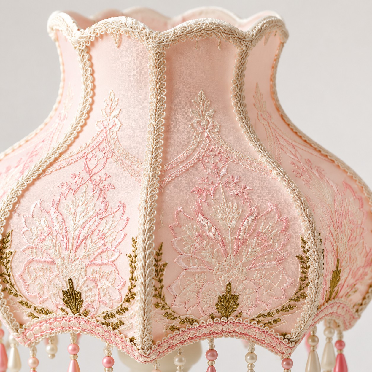 Rosa broderad tyglampskärmdetalj
