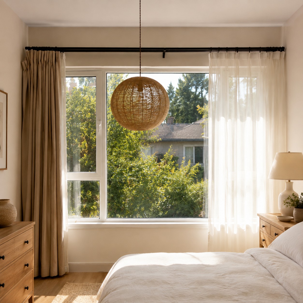 Natural fiber globe pendant installed above a bedroom