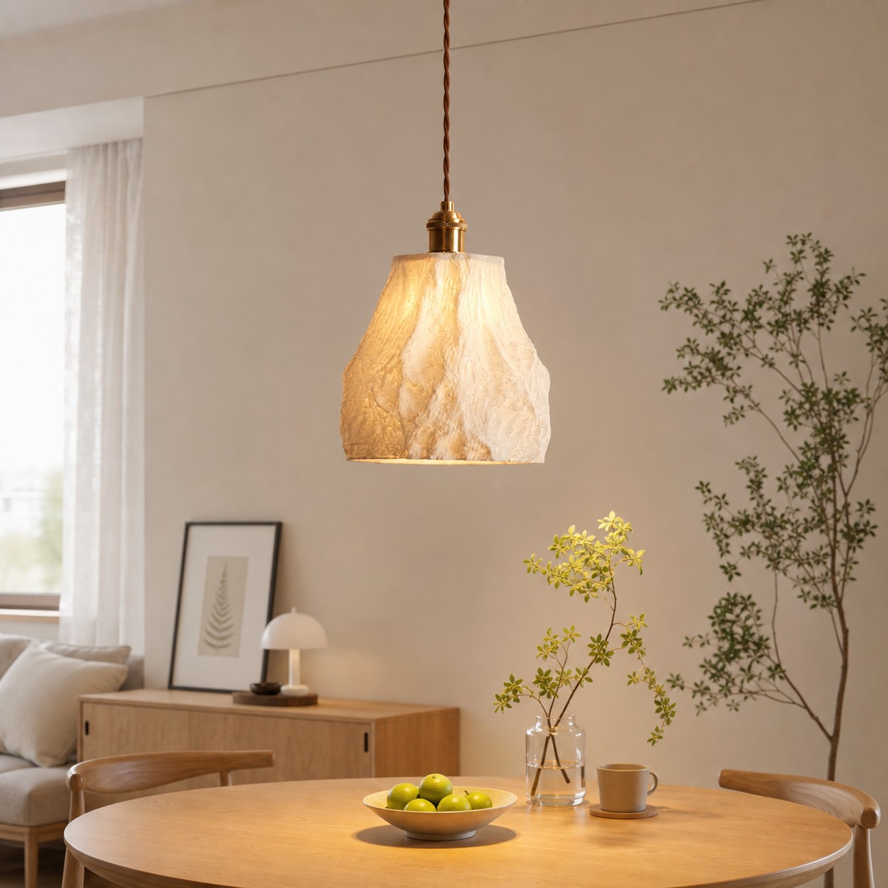Ceramiczna lampa wisząca zainstalowana nad ciepłą scenerią stołu jadalnego