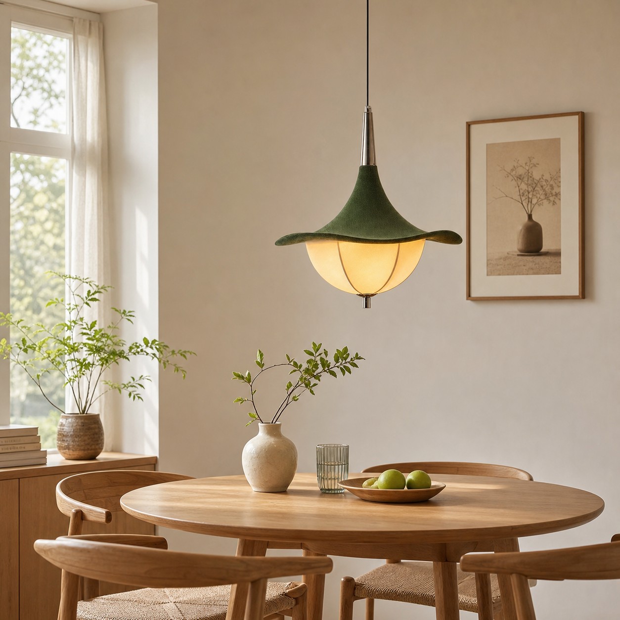 Grüne Stoffpendellampe im Esszimmer