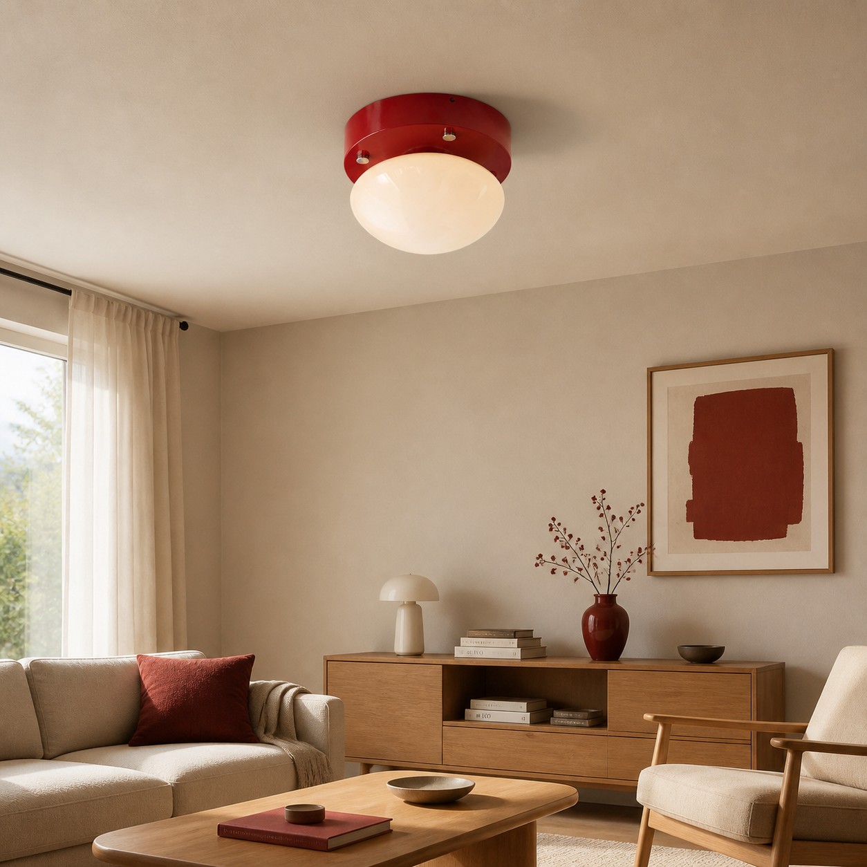 Rote LED-Glas-Deckenleuchte in einem warmen, modernen Wohnzimmer