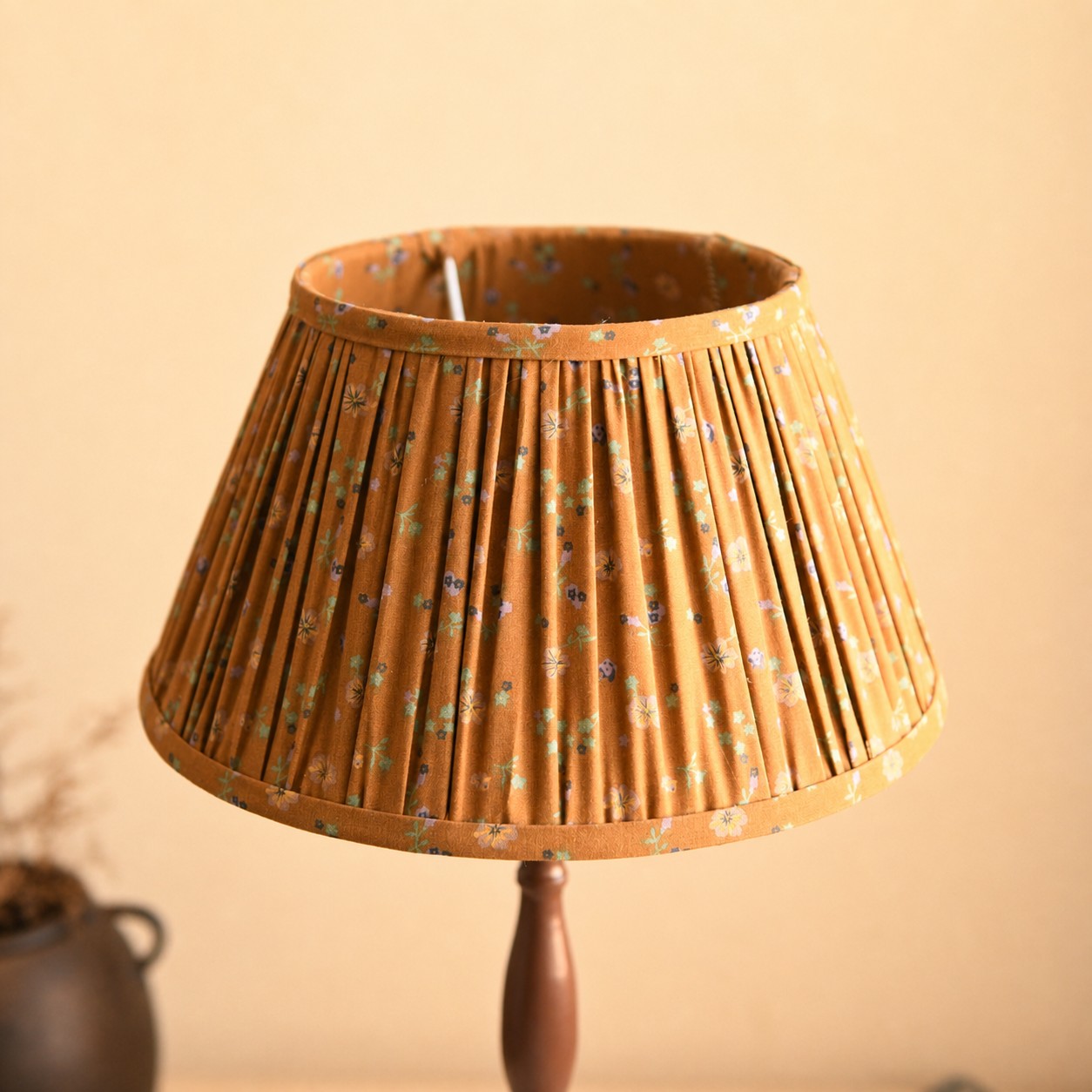 Pleated floral fabric shade close detail