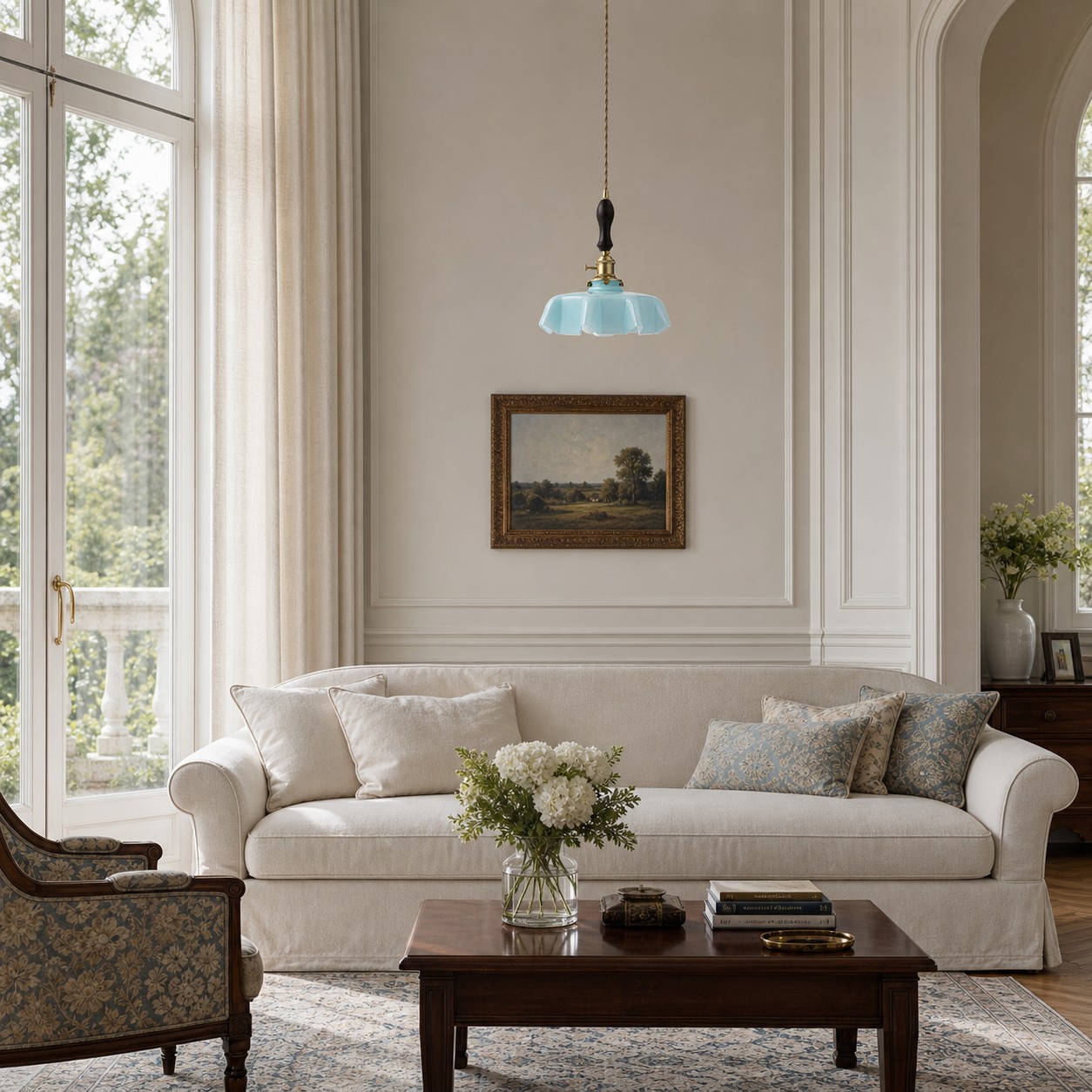 Suspension bleu poudré dans une pièce de style vintage français