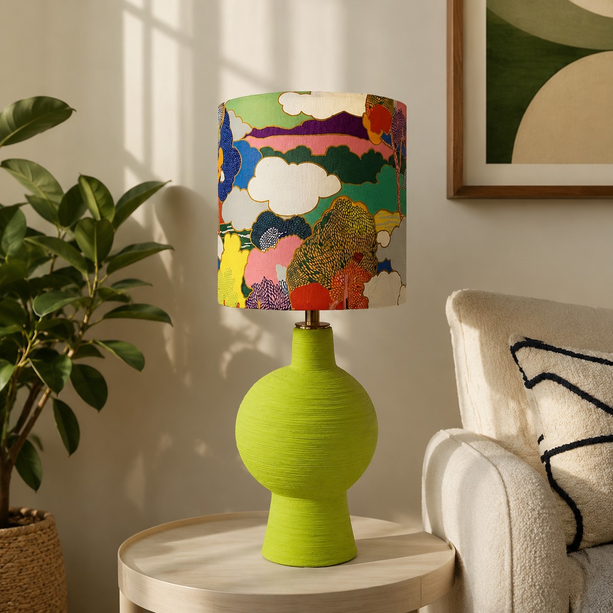 Colorful table lamp styled in a room setting